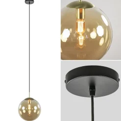 Amber glazen hanglamp 30 cm met messing en zwart