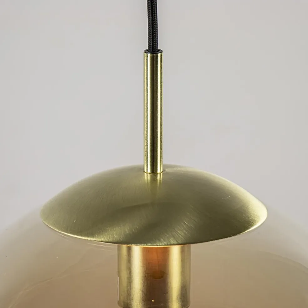 Amber glazen hanglamp 30 cm met messing en zwart
