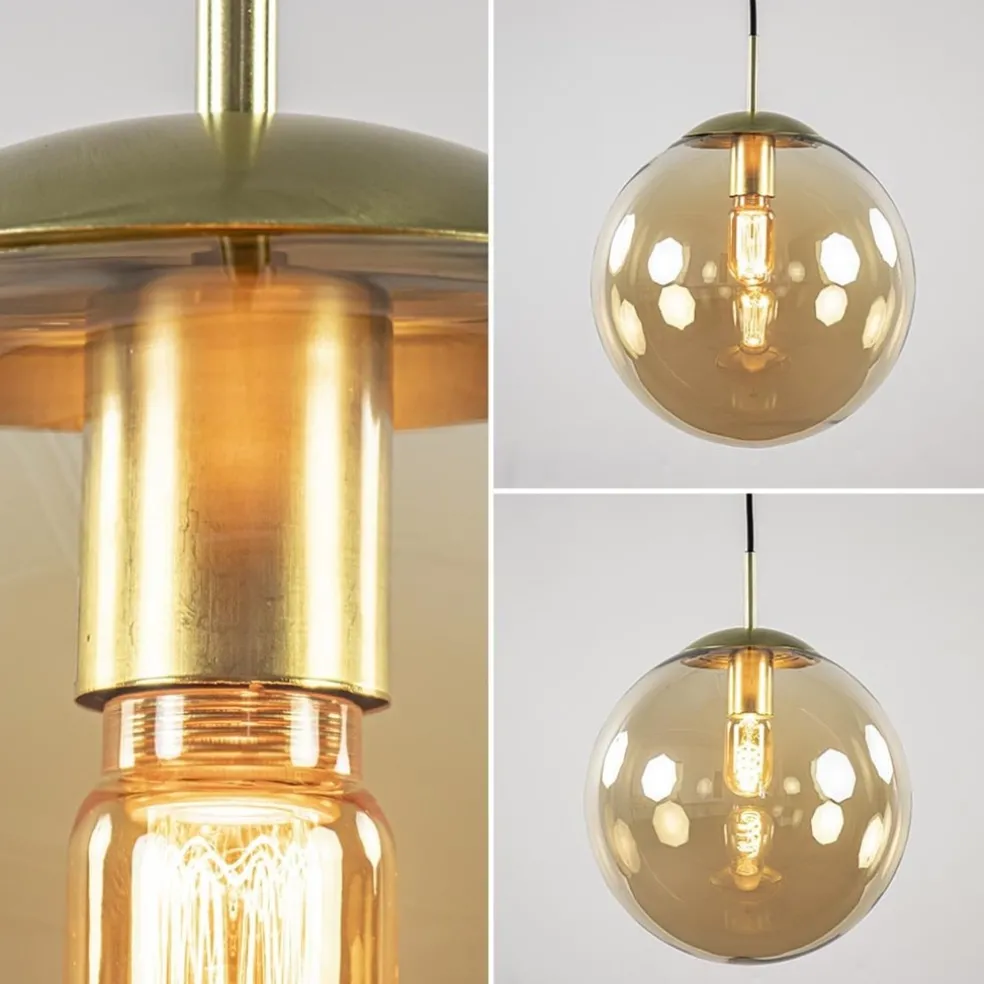 Amber glazen hanglamp 30 cm met messing en zwart