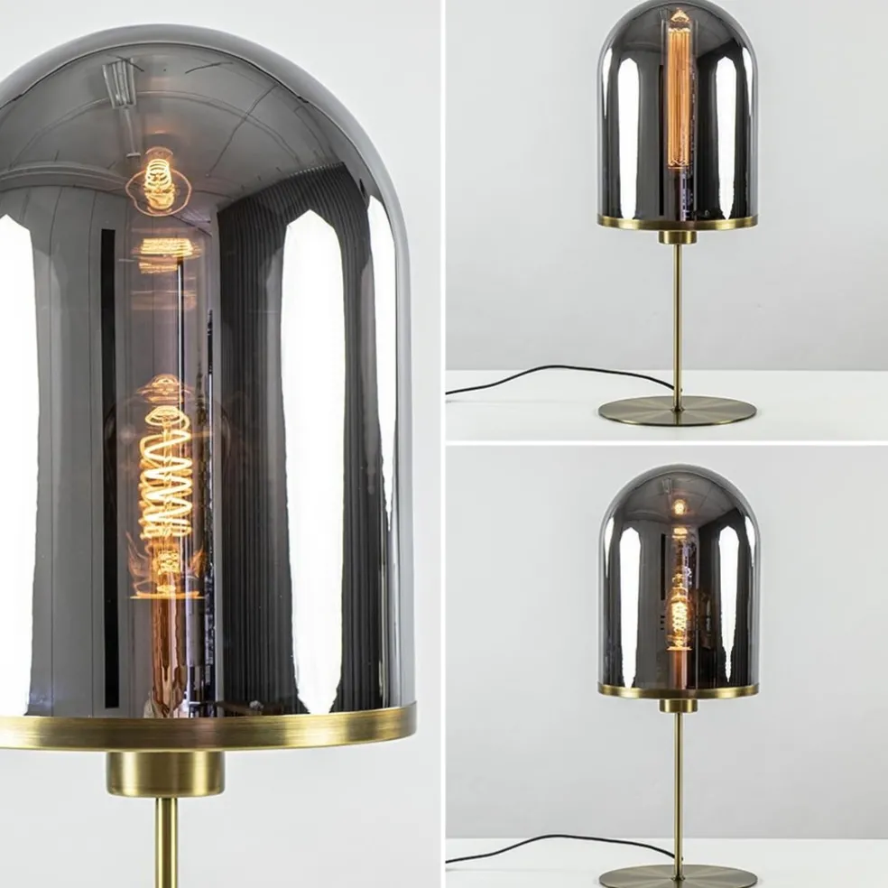 Antiek bronzen tafellamp Maverick met smoke glas groot