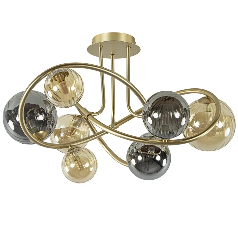 Art Deco plafondlamp goud met smoke en amber glas