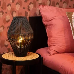 Botanische tafellamp gevlochten papier zwart