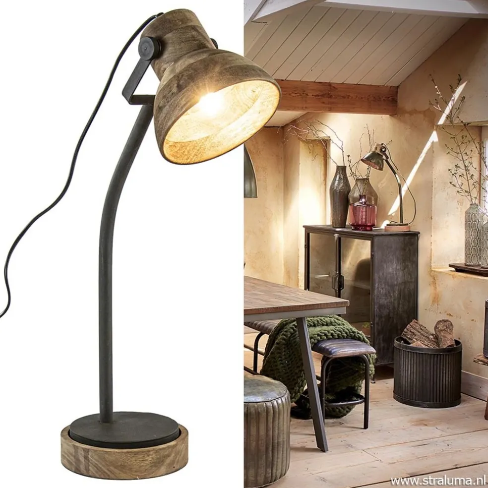 Bureaulamp Imbert mat zwart metaal met hout