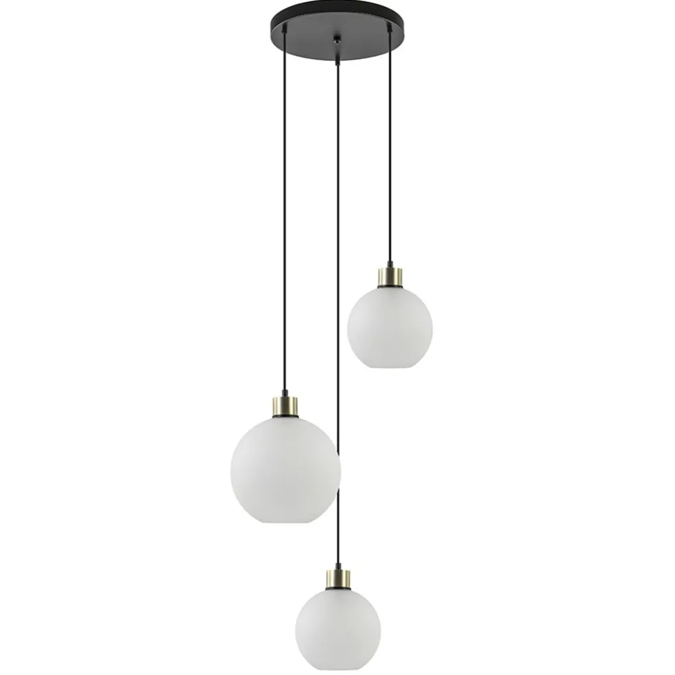 Chique 3-lichts hanglamp rond zwart-goud + opaal glas