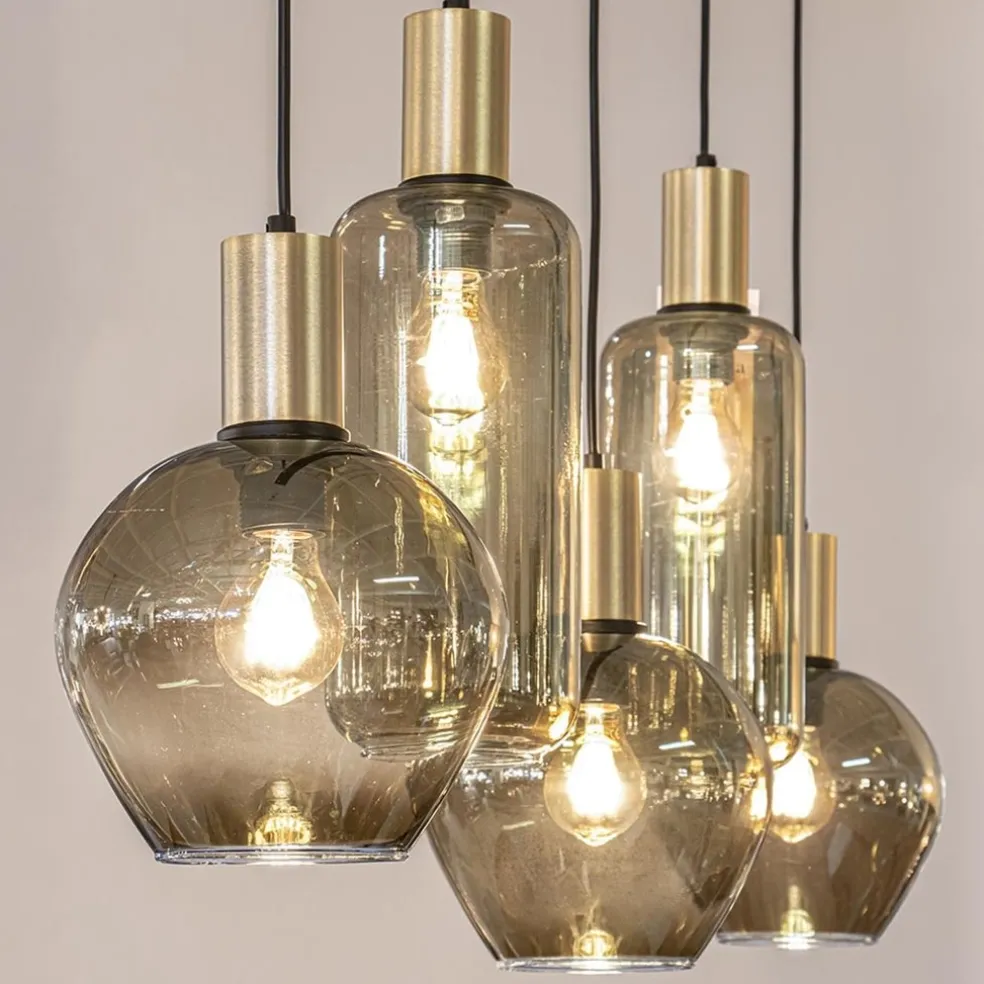 Chique 5-lichts hanglamp smoke glas met brons