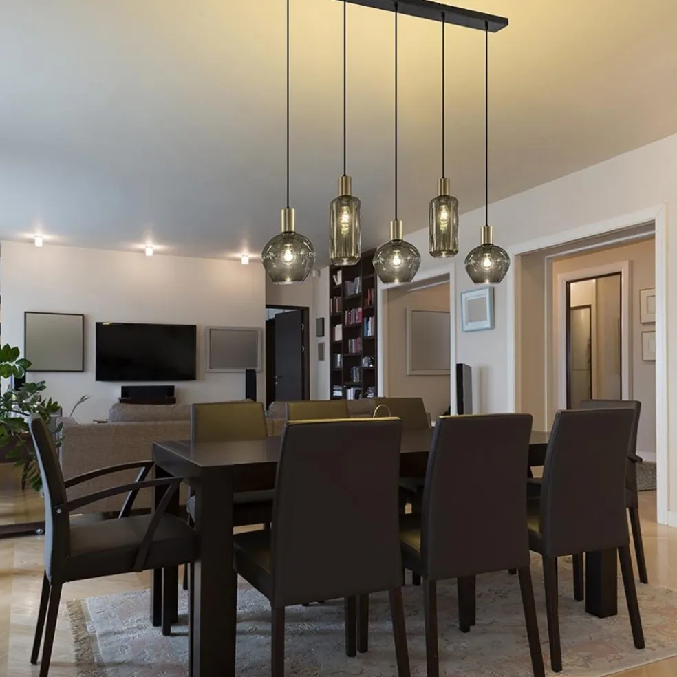 Chique 5-lichts hanglamp smoke glas met brons