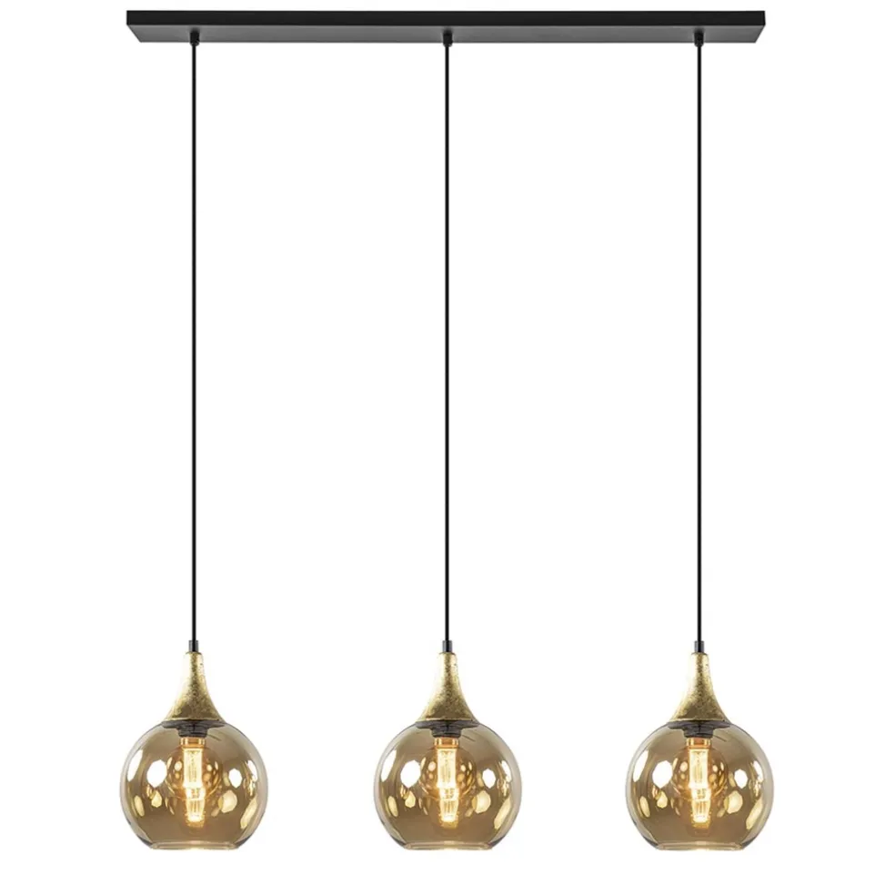 Chique 3-lichts hanglamp zwart/goud met amber glas