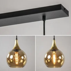 Chique 3-lichts hanglamp zwart/goud met amber glas