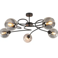 Chique 5-lichts plafondlamp zwart met smoke glazen bollen
