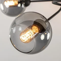 Chique 5-lichts plafondlamp zwart met smoke glazen bollen