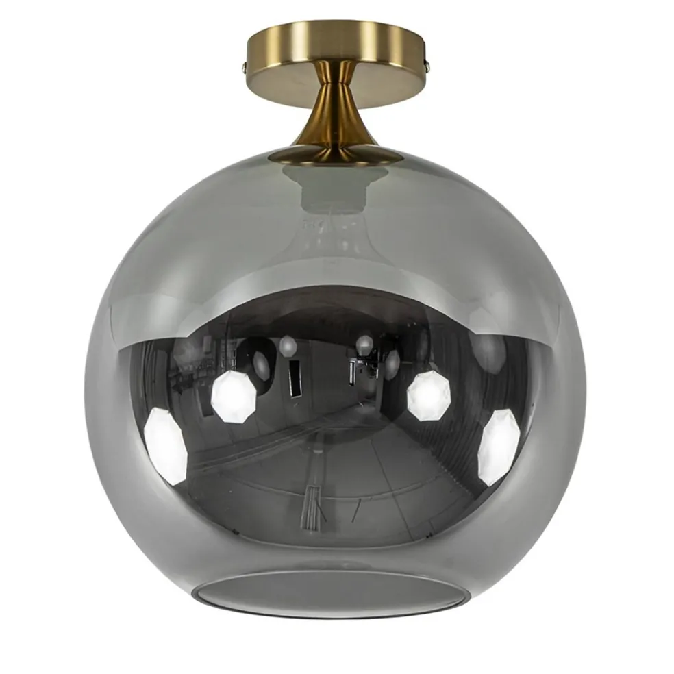 Chique plafondlamp goud met smoke/titanium glazen bol