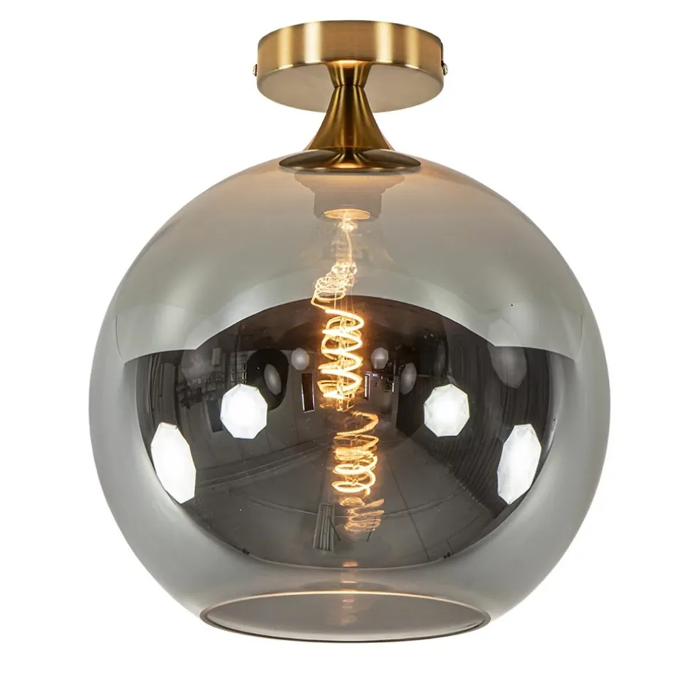 Chique plafondlamp goud met smoke/titanium glazen bol