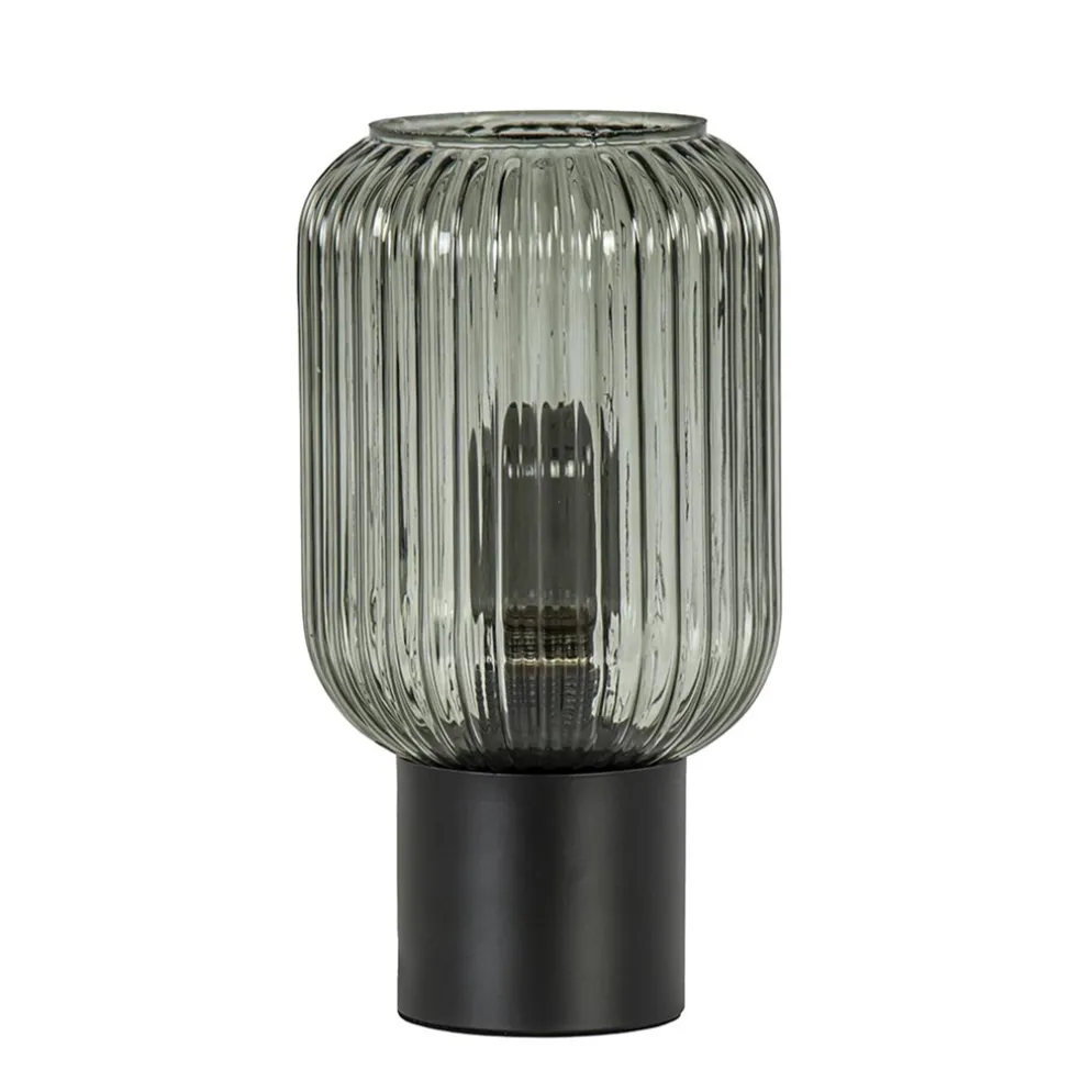 Chique tafellamp zwart met smal smoke glas