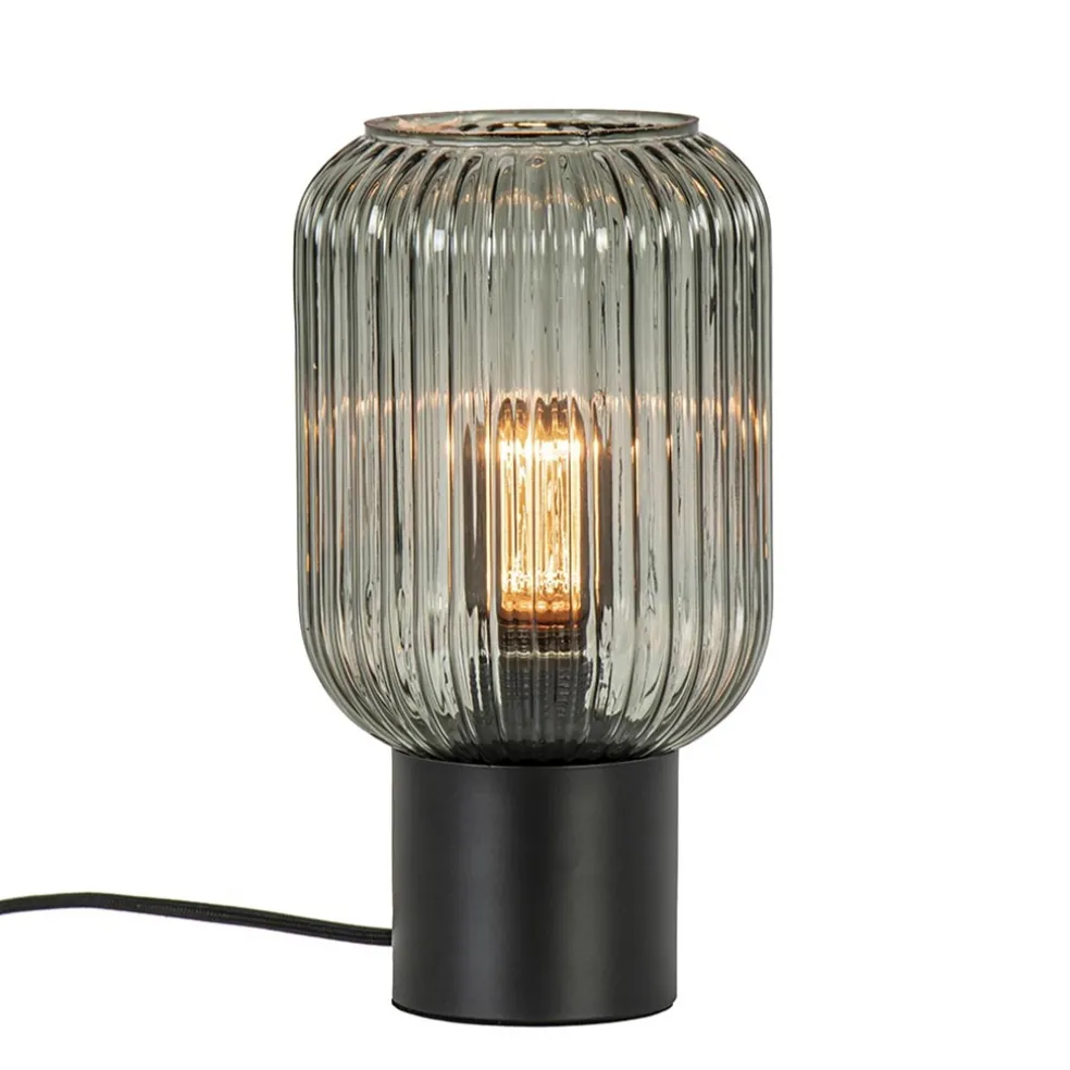 Chique tafellamp zwart met smal smoke glas