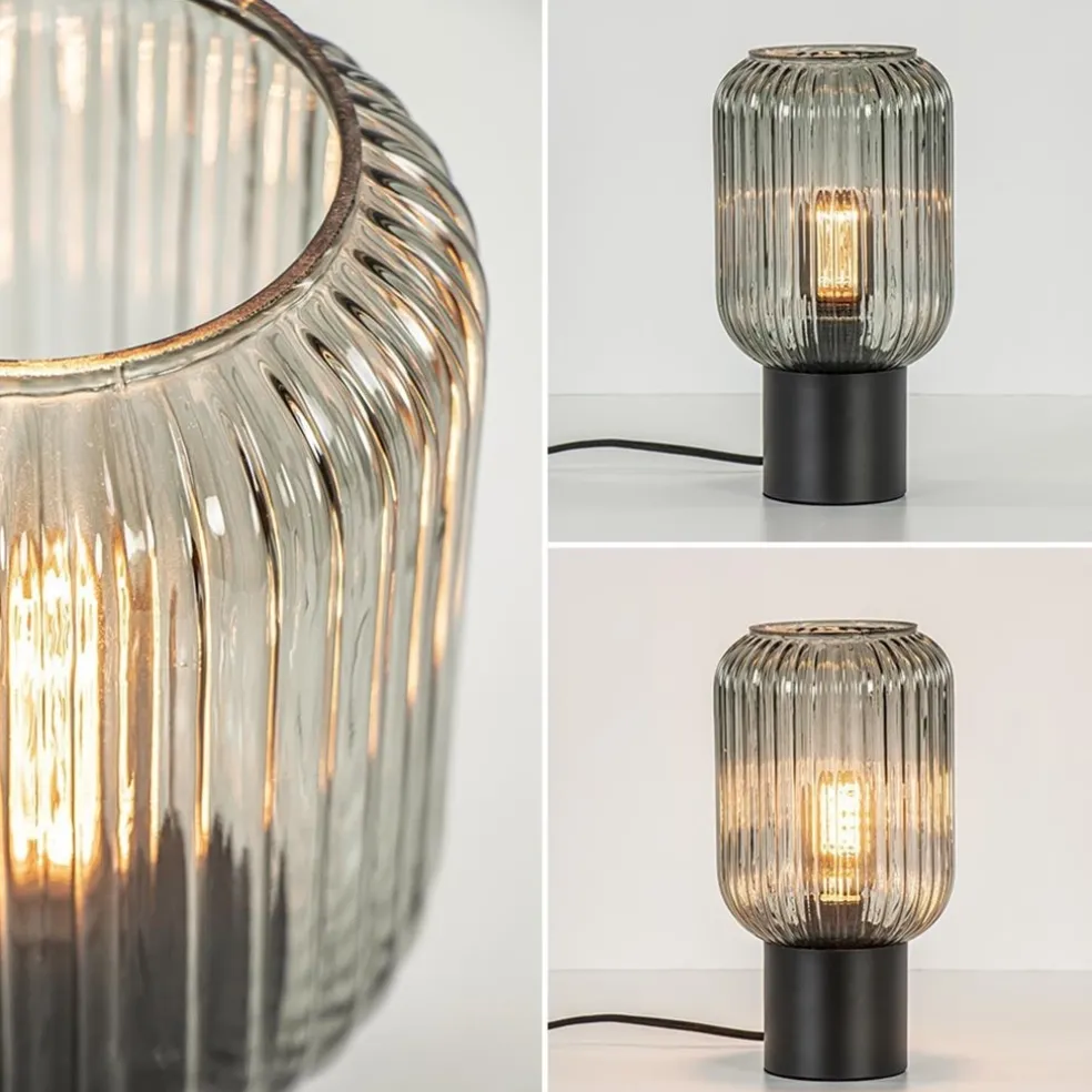 Chique tafellamp zwart met smal smoke glas