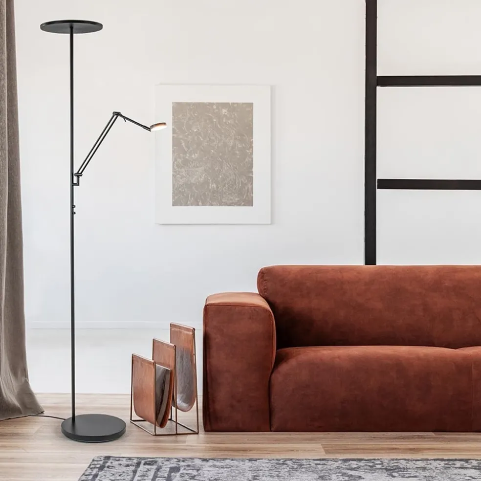 Design LED uplighter met leesarm zwart geborsteld staal