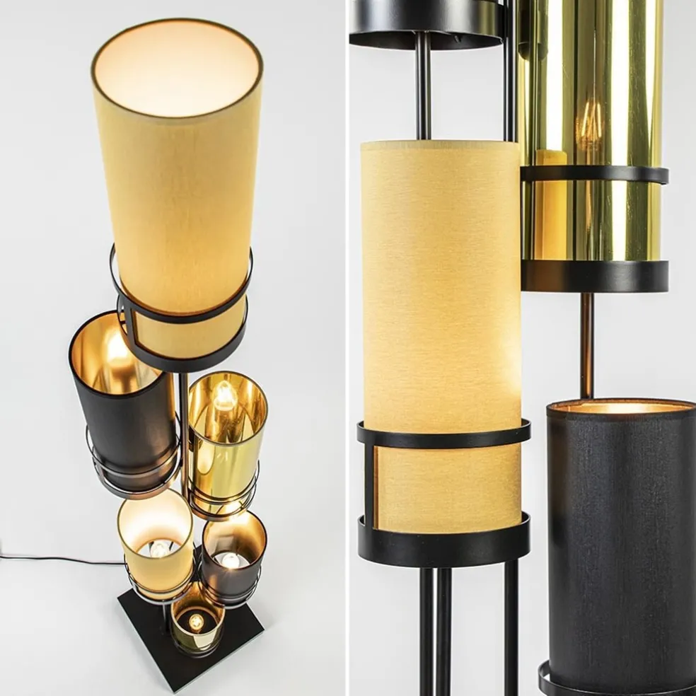 Design vloerlamp met cilinder kappen zwart/goud