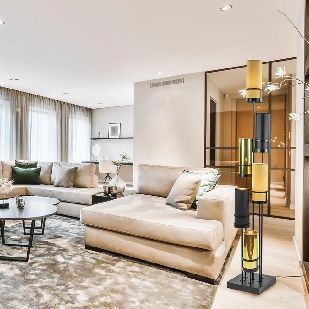 Design vloerlamp met cilinder kappen zwart/goud