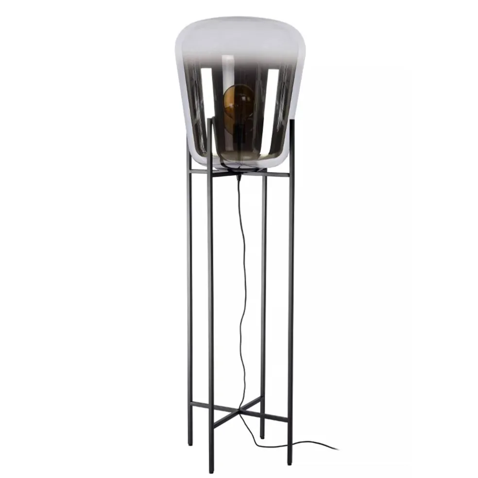 Design vloerlamp zwart frame met grote glazen kap
