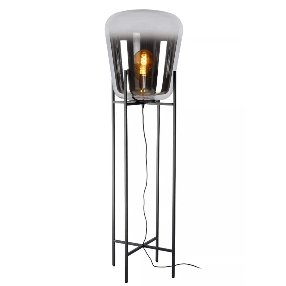 Design vloerlamp zwart frame met grote glazen kap
