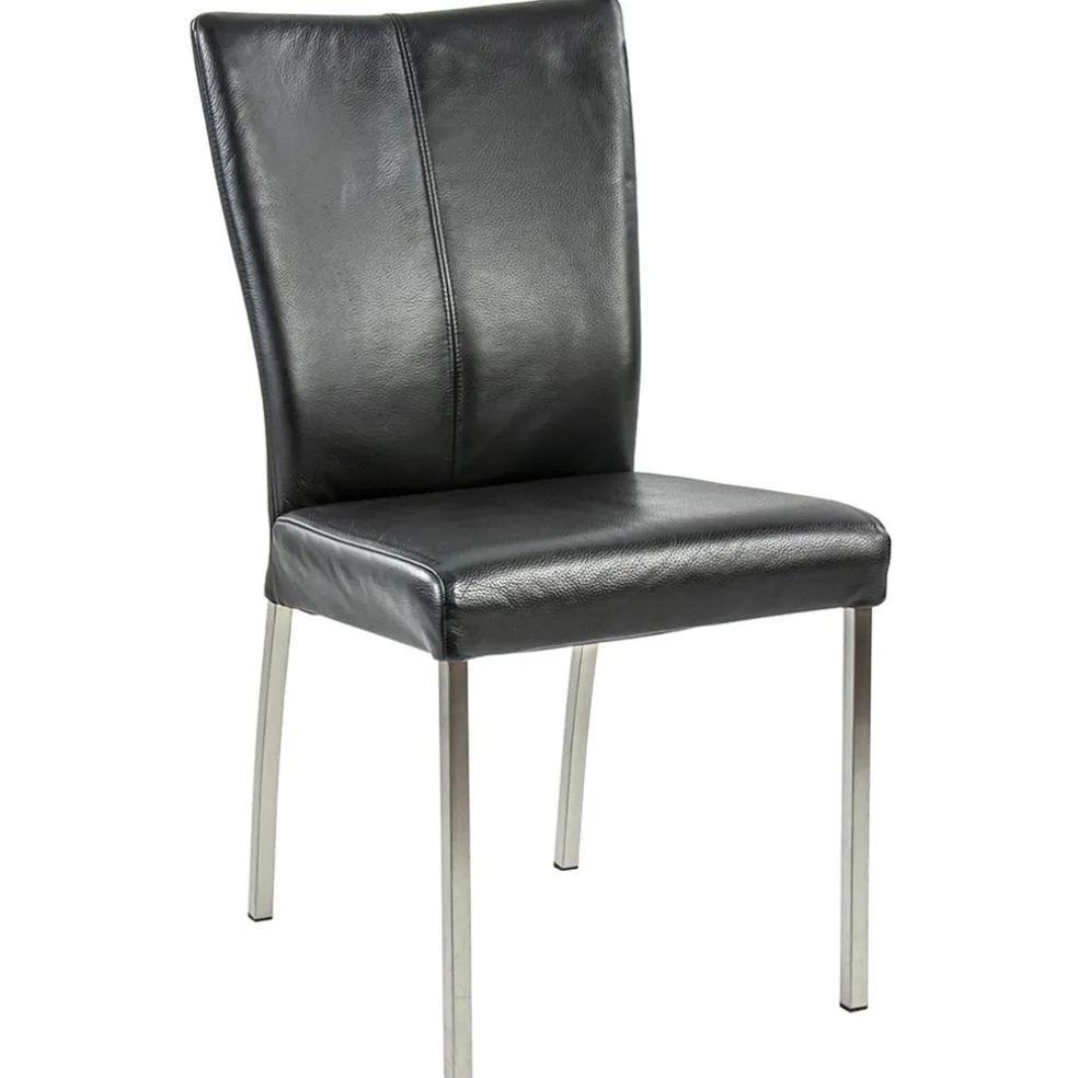 Eetkamerstoel zwart lederen zitting met RVS poten