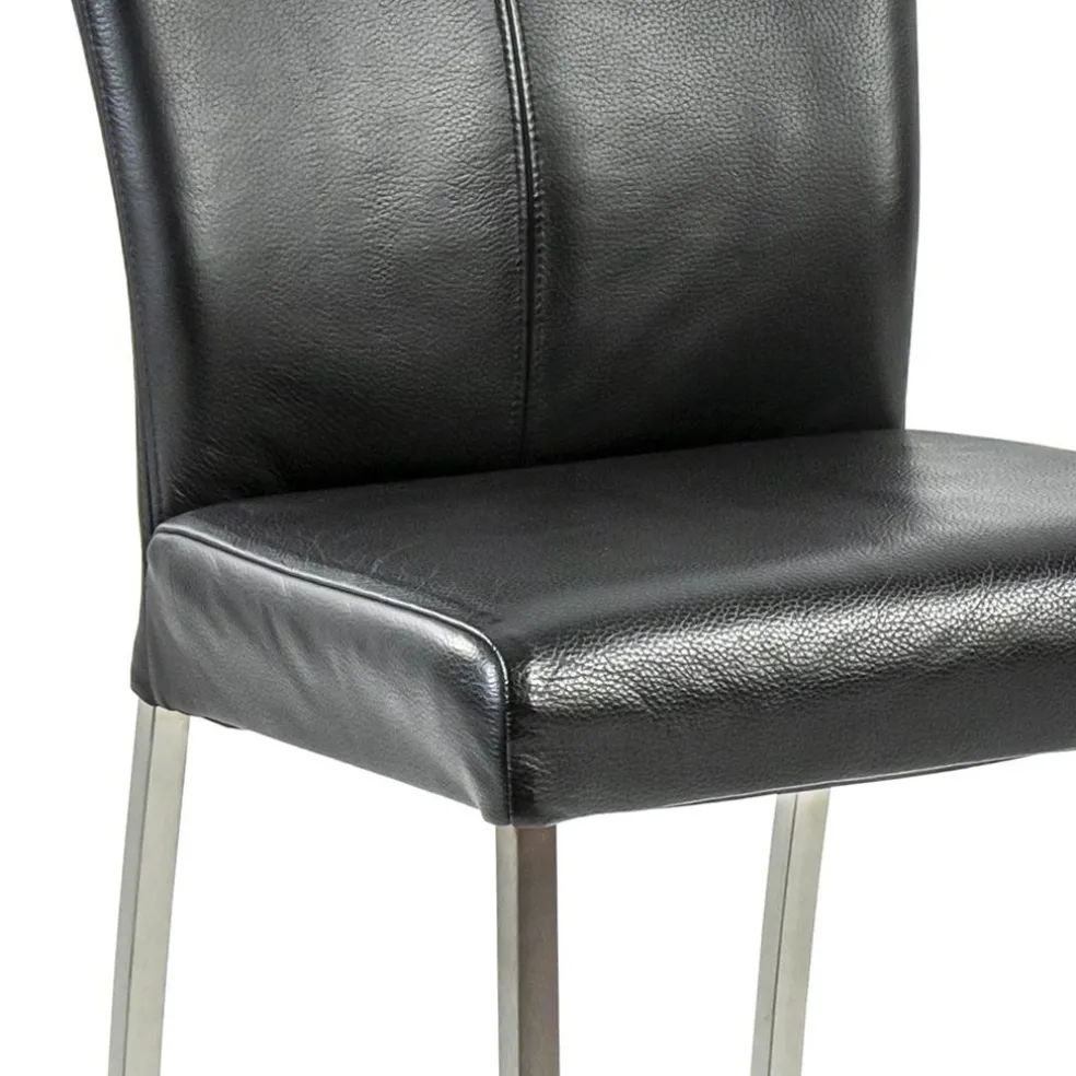 Eetkamerstoel zwart lederen zitting met RVS poten