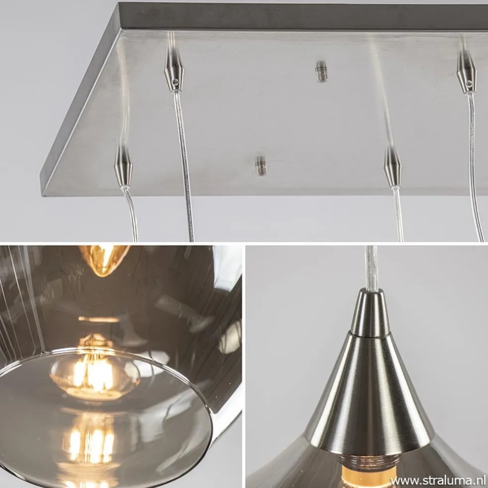 Eettafelhanglamp nikkel met smokey glas 8-lichts