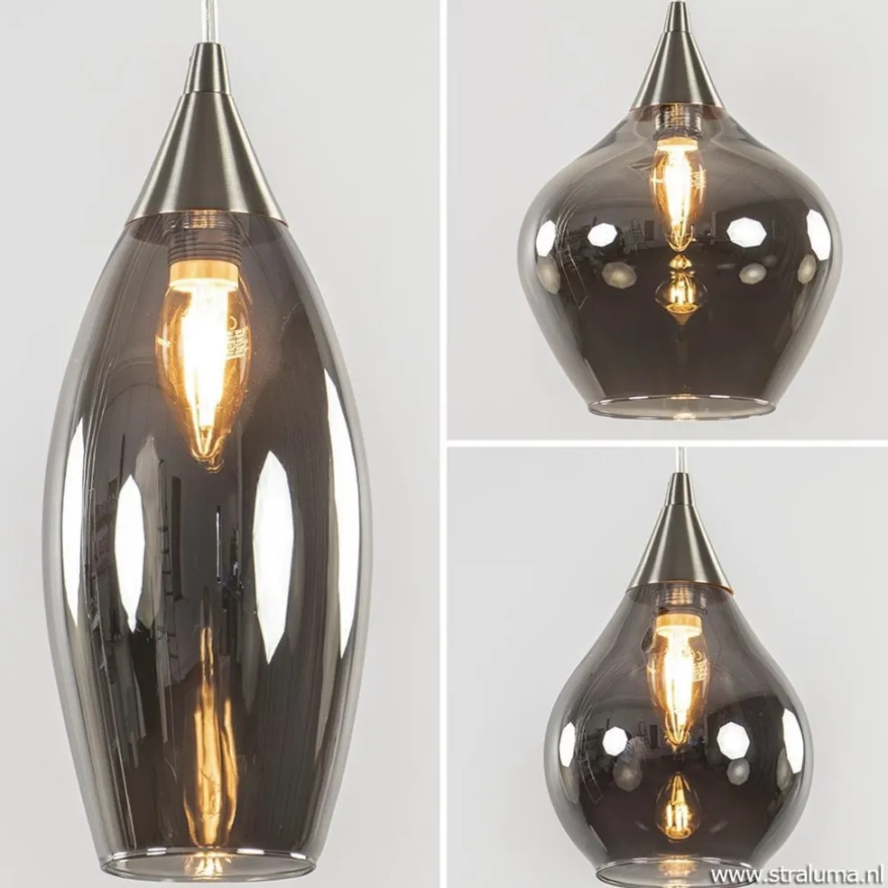 Eettafelhanglamp nikkel met smokey glas 8-lichts