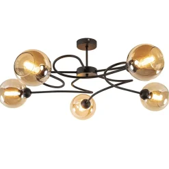 Elegante 5-lichts plafondlamp met amber glazen bollen