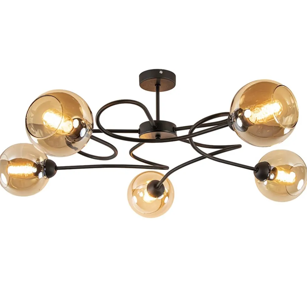 Elegante 5-lichts plafondlamp met amber glazen bollen