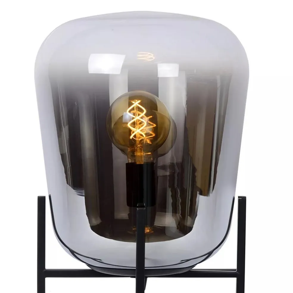 Elegante tafellamp zwart frame met smoke glazen kap