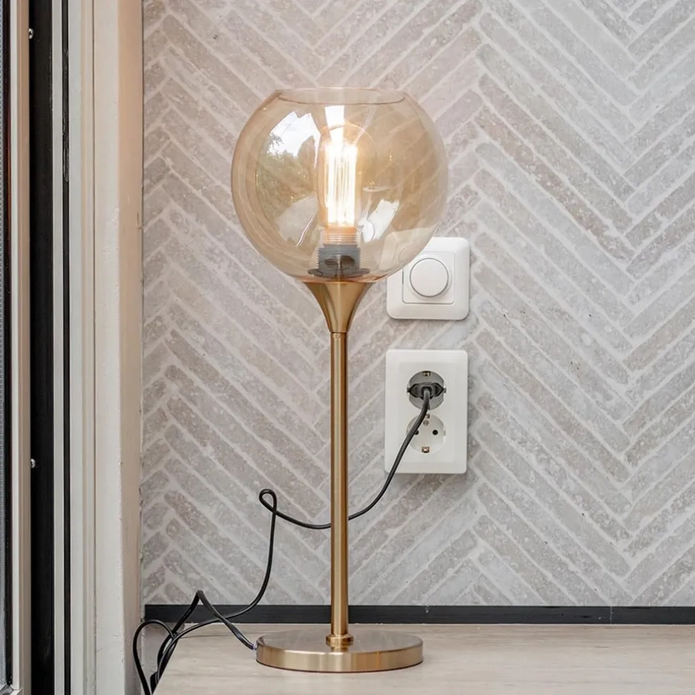 Gouden tafellamp met amber glazen bol 20 cm