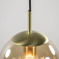 Grote 6-lichts eettafelhanglamp messing met amber glazen bollen