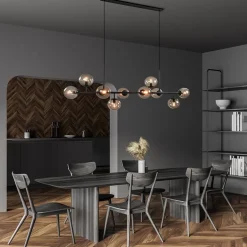 Grote 10-lichts hanglamp mat zwart met smoke glazen bollen