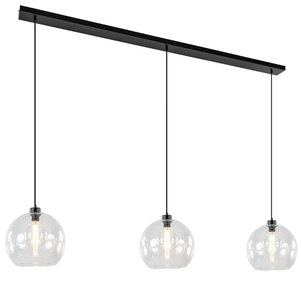 Grote 3-lichts hanglamp met helder glas en zwarte balk