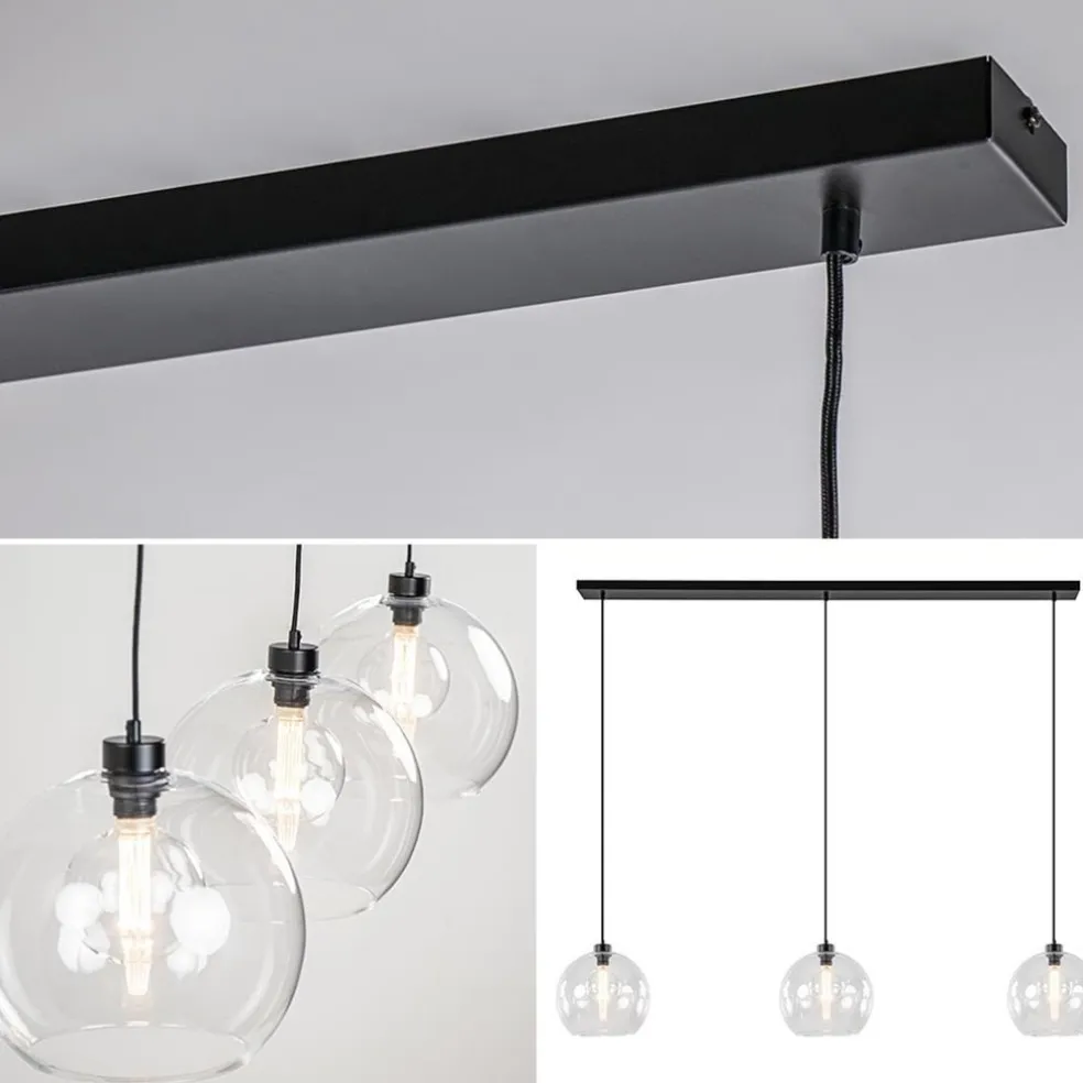 Grote 3-lichts hanglamp met helder glas en zwarte balk