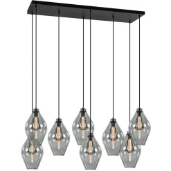 Grote 8-lichts multipendel hanglamp smoke glas ruit