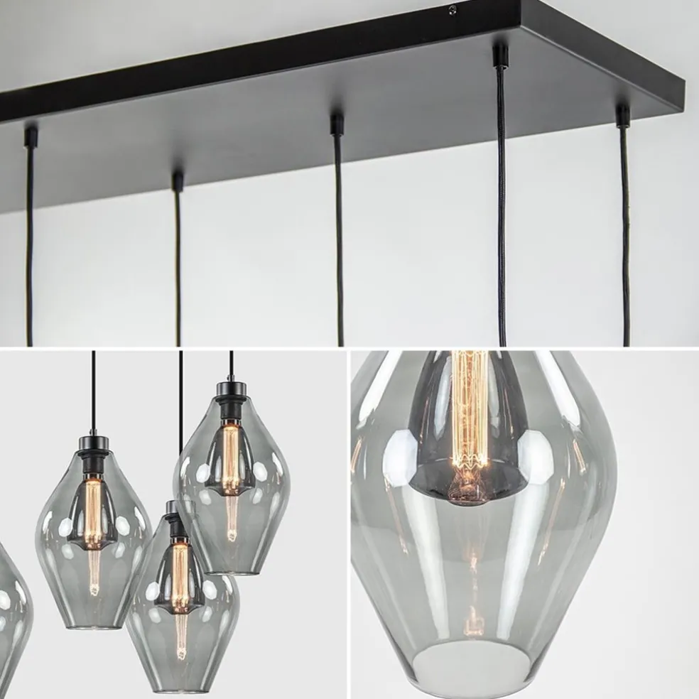 Grote 8-lichts multipendel hanglamp smoke glas ruit