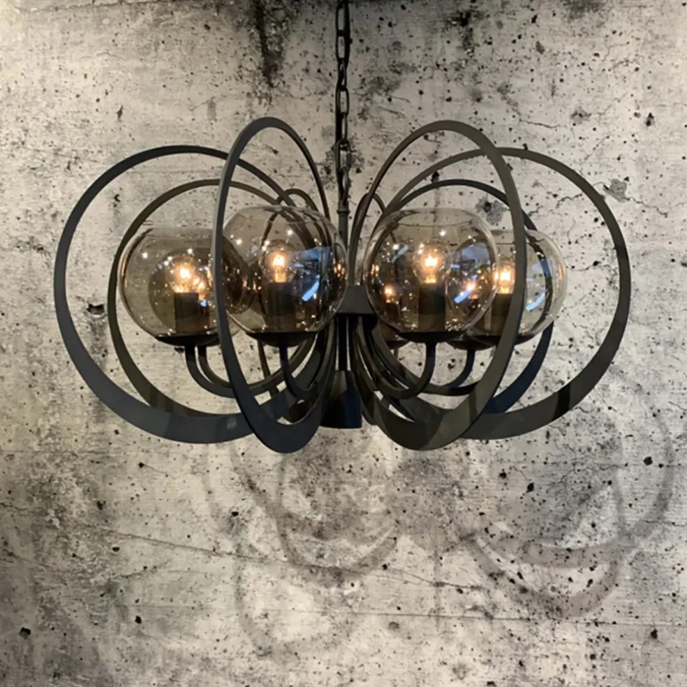 Grote ronde hanglamp metaal met smoke glas en spot