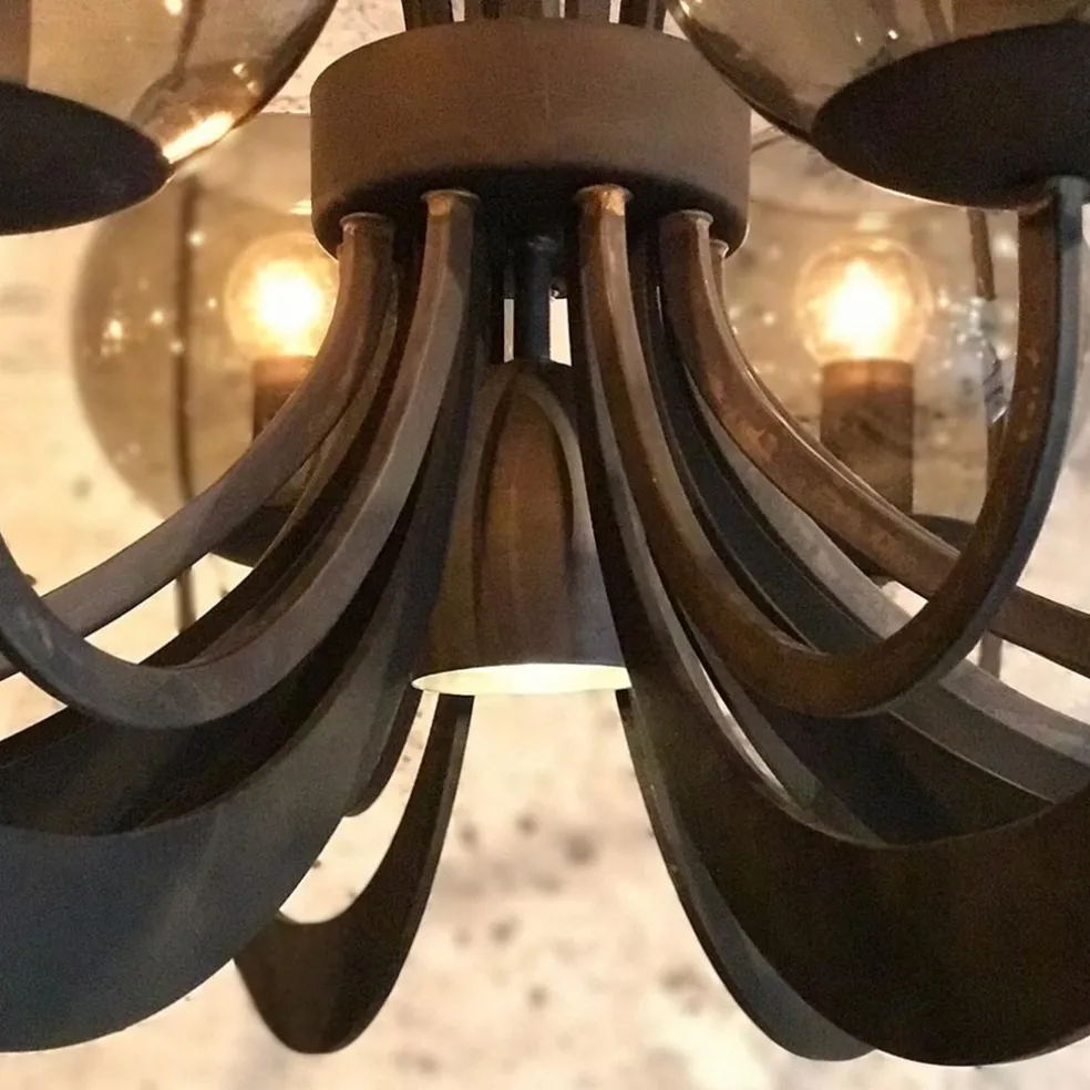 Grote ronde hanglamp metaal met smoke glas en spot