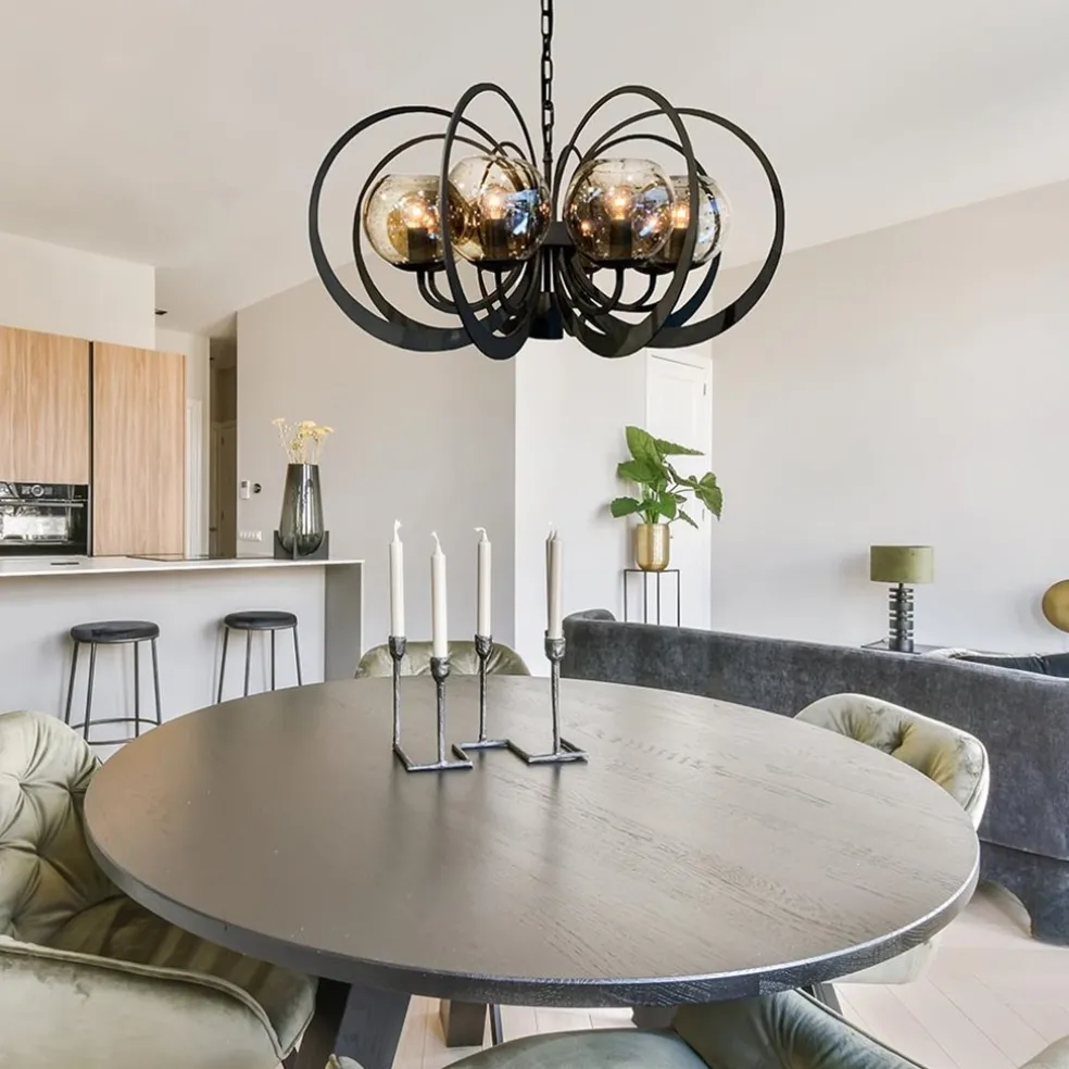 Grote ronde hanglamp metaal met smoke glas en spot