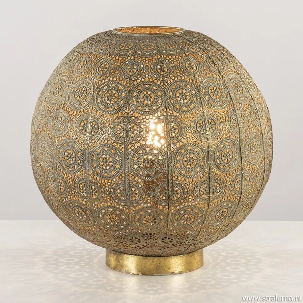 Grote tafellamp antiek messing met decoratief dessin