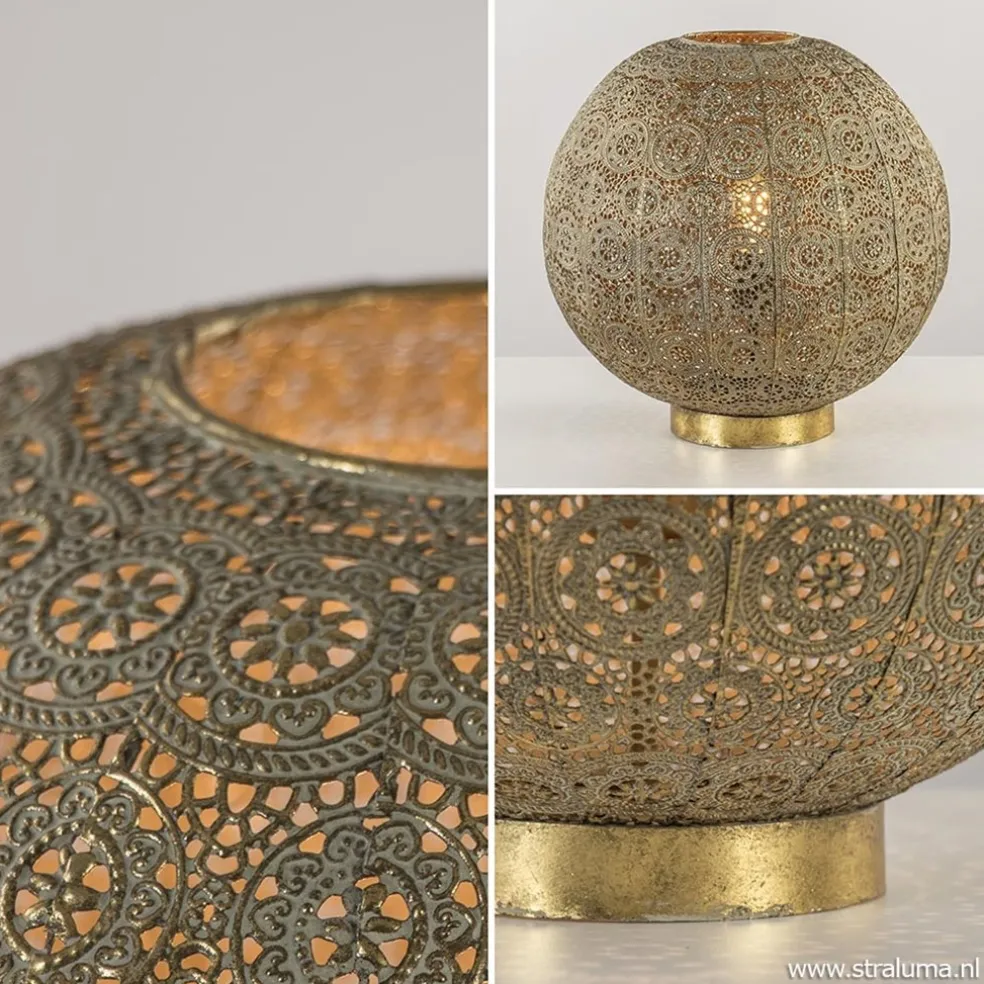 Grote tafellamp antiek messing met decoratief dessin