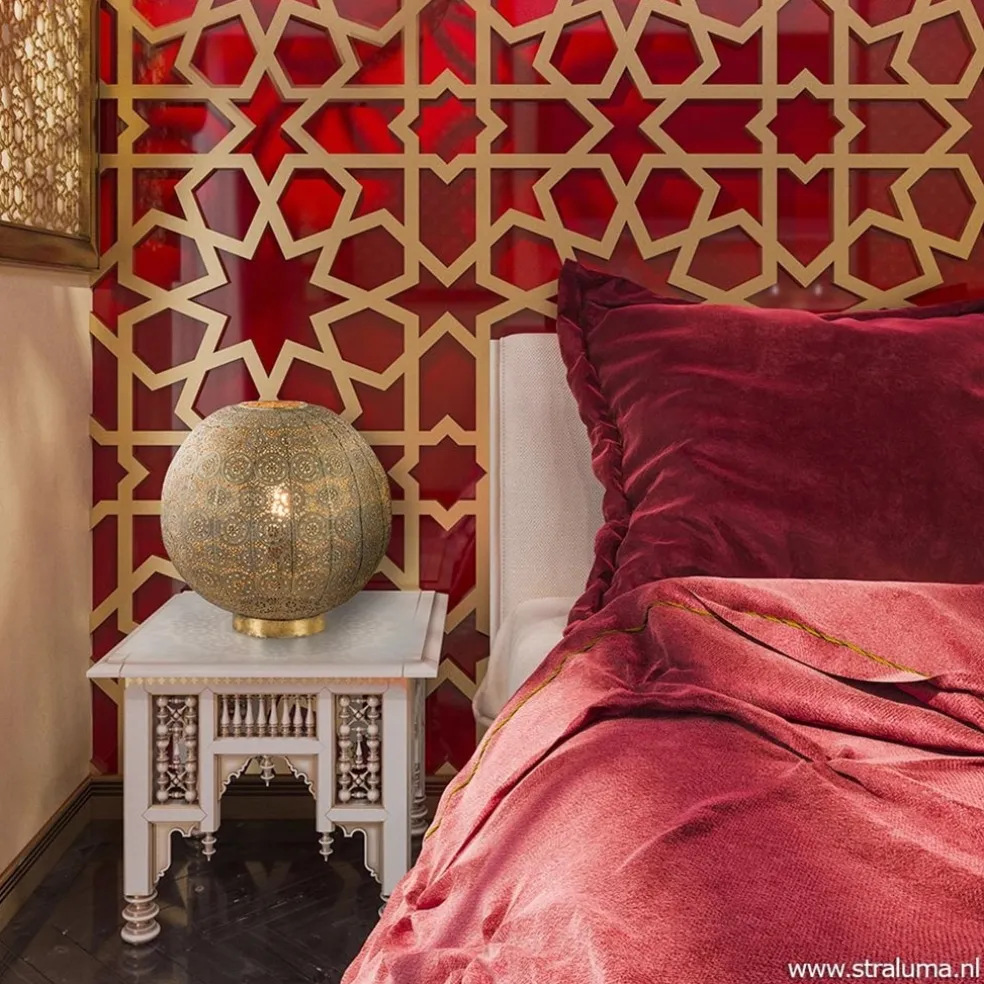 Grote tafellamp antiek messing met decoratief dessin