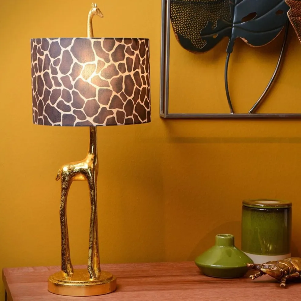 Grote tafellamp Giraf goud met bruine kap