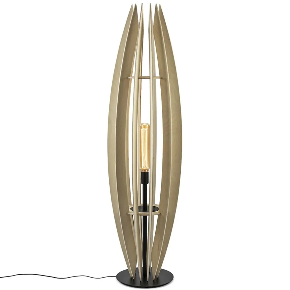 Grote vloerlamp blank hout met mat zwarte voet