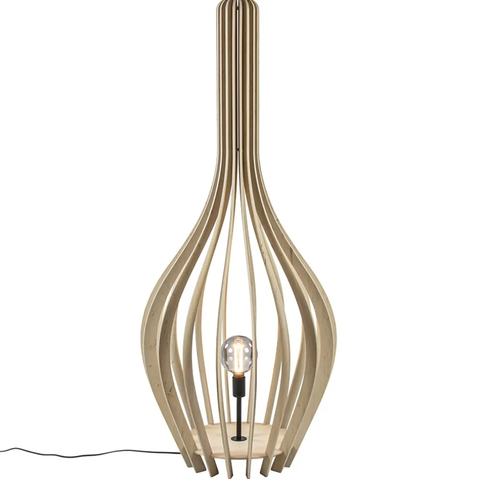 Grote vloerlamp kegel naturel hout met zwart