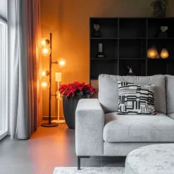 Grote vloerlamp 6-lichts zwart met smoke glazen bollen