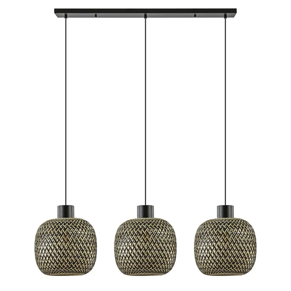 Hanglamp balk 3L zwart + bamboe