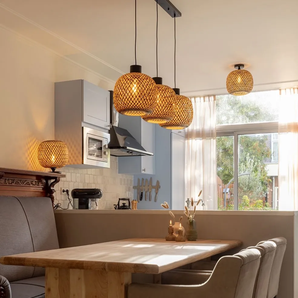 Hanglamp balk 3L zwart + bamboe